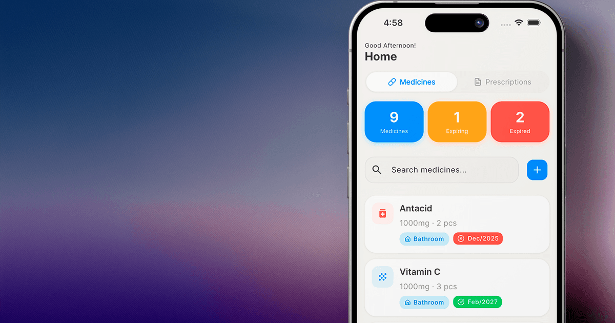 iPhone mockup showing Home Med Cabinet app on a warm cream background with a terracotta accent
