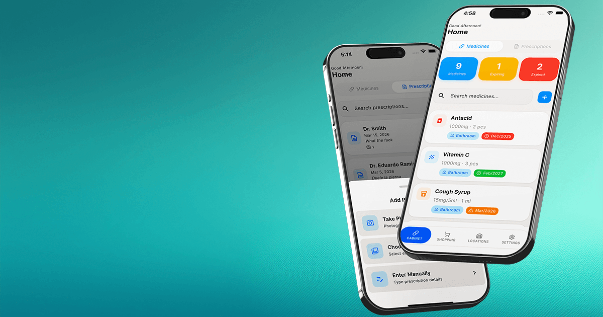 Three iPhone devices in a fan layout showing different Home Med Cabinet screens on a warm cream background