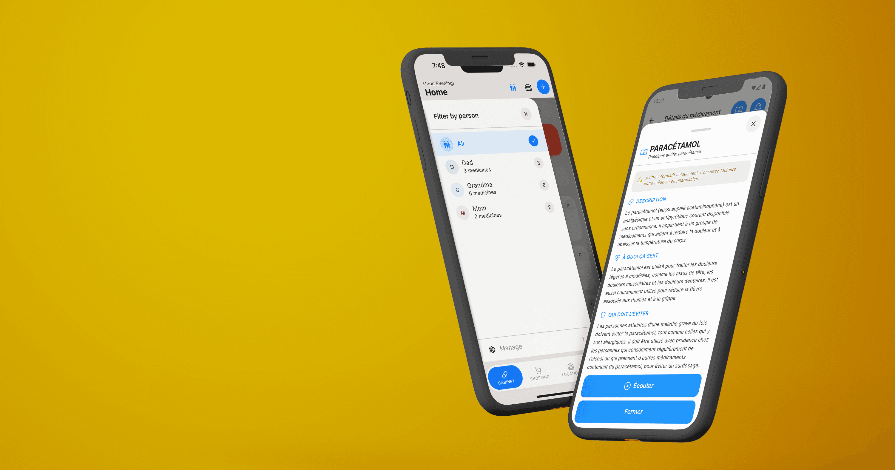 Two smartphone mockups showing Home Med Cabinet family members screen and medicine wiki, on a warm light background