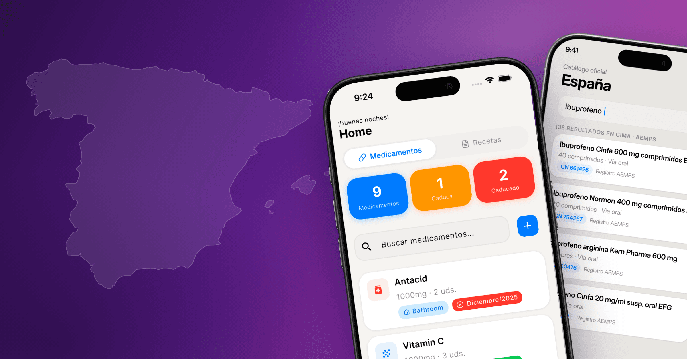 Two iPhones over a silhouette of Spain: the Home Med Cabinet home screen in Spanish, and a search of the CIMA medicine catalog showing AEMPS registry results