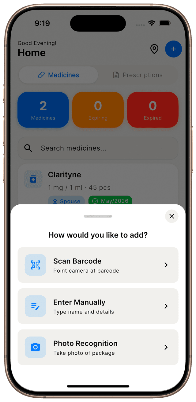 Adding a medication in Home Med Cabinet on iPhone — choose between scanning barcode, manual entry, or photo recognition