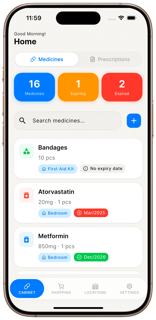 Home Med Cabinet app on iPhone — main medication cabinet screen
