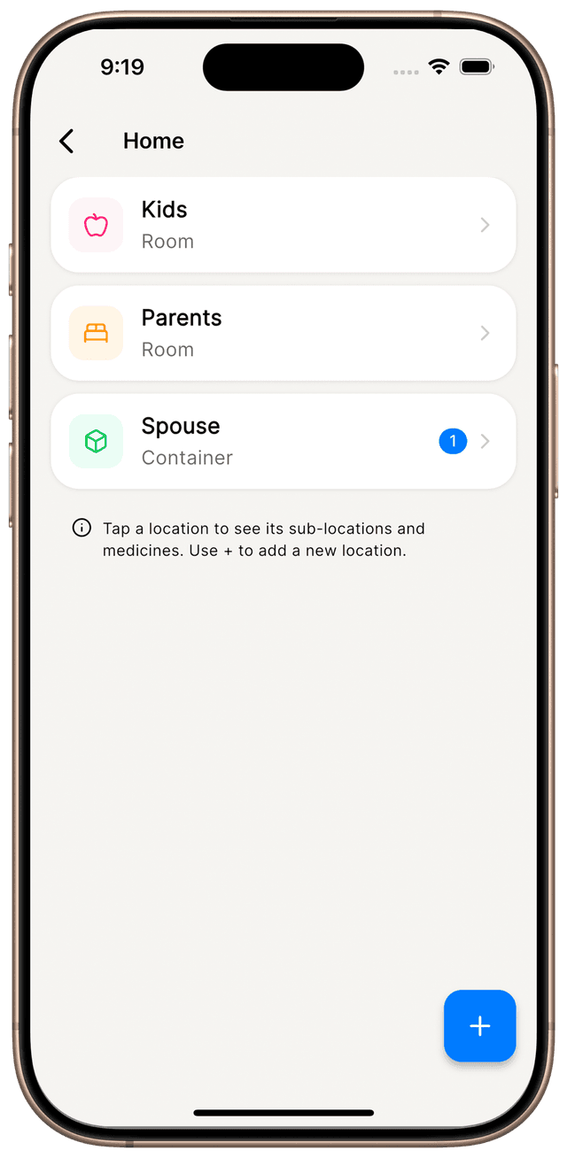 Family medication locations in Home Med Cabinet on iPhone — separate storage for Kids, Parents, and Spouse